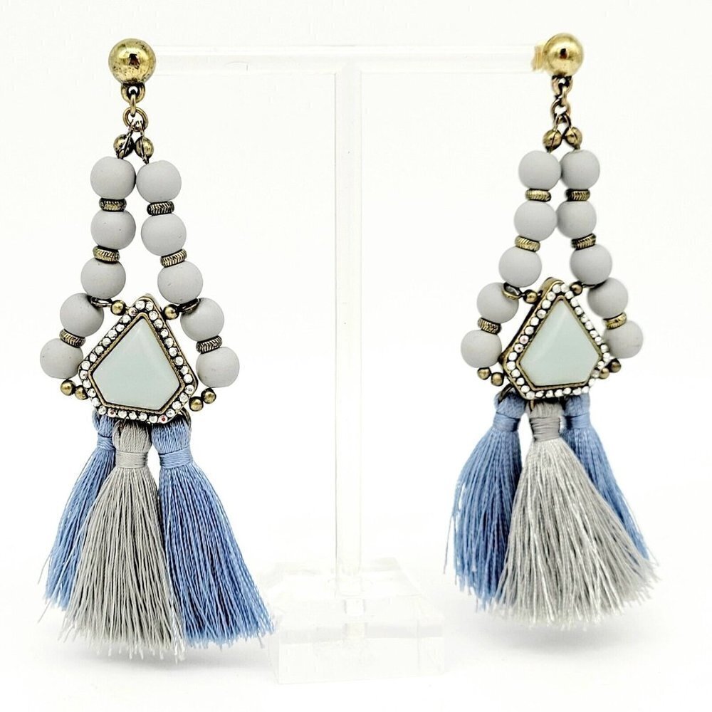 Long Boho Beaded Tassel Earrings Blue Gray Dangles Antiqued Gold Tone Pierced